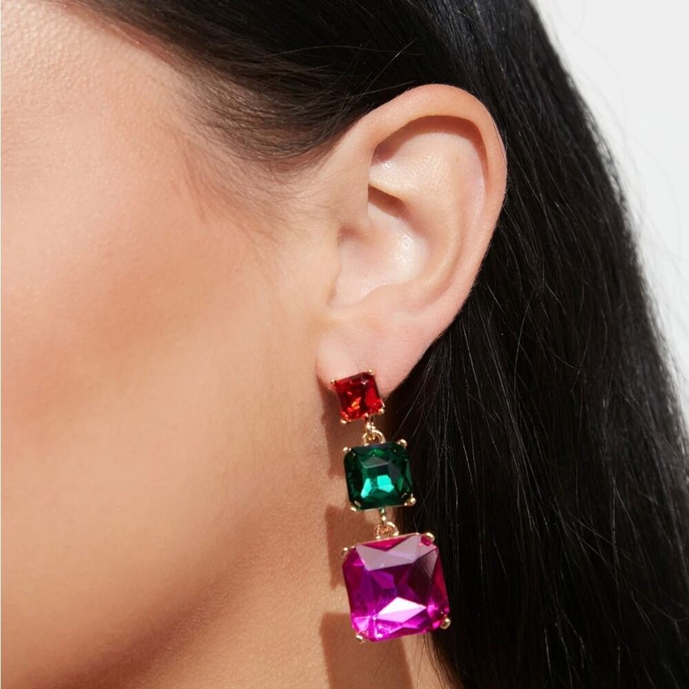 Fashion Nova Multicolor Square Jewel Statement Earrings NWT